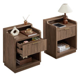 Set of 2 Fluted Nightstands with Hidden Compartment – Natural Walnut