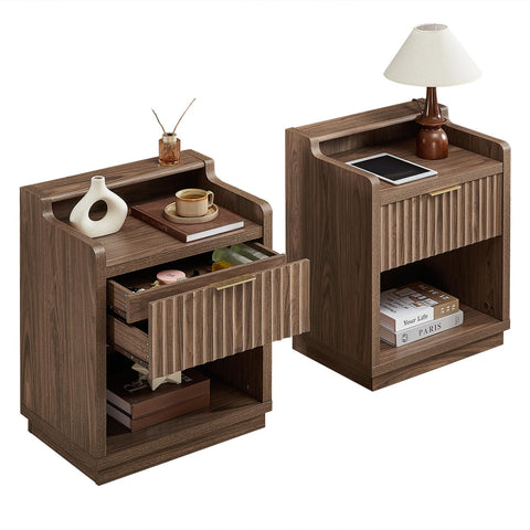 Set of 2 Fluted Nightstands with Hidden Compartment – Natural Walnut