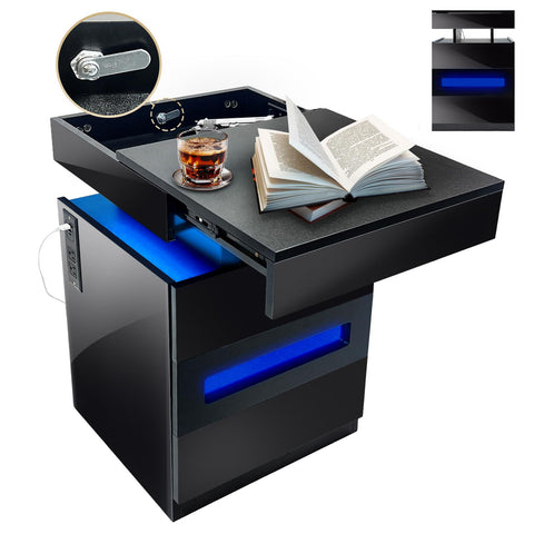Modern Nightstand with Gun Drawer, LED & USB-C Charging – Black