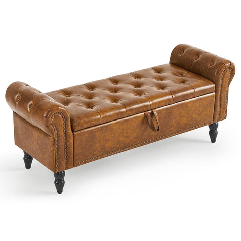 Leather Storage Ottoman Bench with Rolled Arms