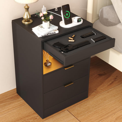 Nightstand with Gun Drawer, Invisible Lock & Charging – Black