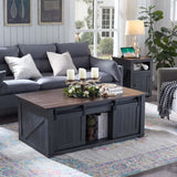 48" Lift Top Coffee Table – Rustic, Sliding Barn Door, Dark Grey