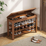 IUNVR 3-Tier Mid-Century Rubberwood Bench with Flip-Up Stash Deck