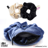 3-Pack Velvet Hair Tie Scrunchies with Hidden Pocket – Navy, Tan, Black