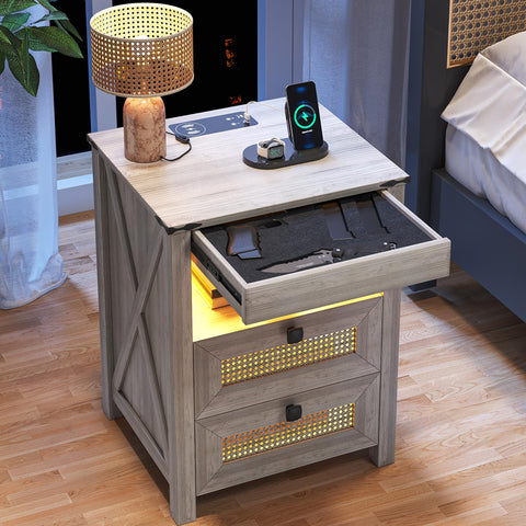 Nightstand with Gun Drawer, LED & Charging – Rustic Gray