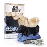 3-Pack Velvet Hair Tie Scrunchies with Hidden Pocket – Navy, Tan, Black